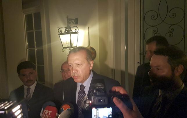 Turkish President Tayyip Erdogan speaks to media in the resort town of Marmaris
