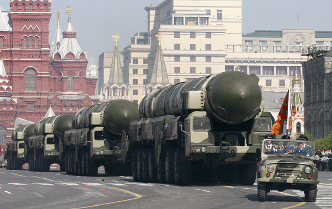 Military vehicles move along Red Square in Moscow during the Victory Day parade